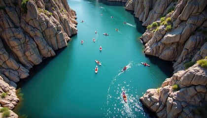 A stunning view of kayakers navigating through a picturesque canyon, showcasing adventure and tranquility in nature.