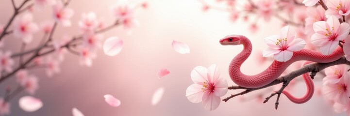 Obraz premium A striking blend of pink blossoms and a coiled snake, symbolizing the harmony of nature and beauty. Perfect for themes of renewal and transformation.