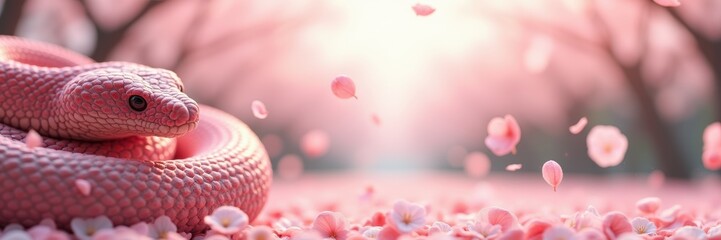 A serene scene featuring a pink snake amidst delicate cherry blossom petals, evoking themes of beauty, tranquility, and nature.