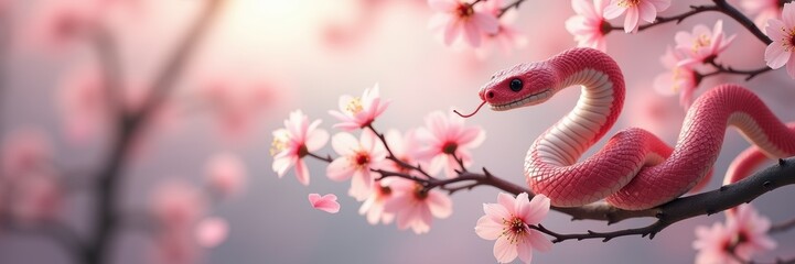 Fototapeta premium A vibrant pink snake perched among delicate cherry blossoms, creating a striking contrast in nature's beauty. Perfect for themes of transformation, serenity, and wildlife.