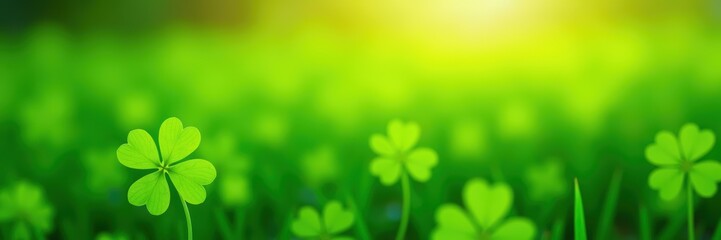 A vibrant, close-up view of lush green clovers in soft sunlight, symbolizing luck and nature's beauty. Perfect for eco-friendly themes and St. Patrick's Day designs.