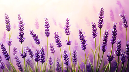 Obraz premium A field of purple lavender blooms in the warm sunlight. The flowers are in focus, while the background is blurred.