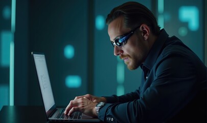 A focused professional wearing smart glasses works intently on a laptop, showcasing the fusion of technology and productivity in a modern workspace.