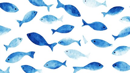 Tranquil Blue Fish Pattern on White Background | Minimalist Abstract Ocean Design