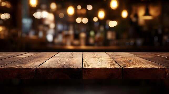 A beautifully lit wooden table setting with a blurred background, perfect for showcasing food, drinks, or decor.