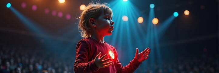 A young child performs on stage under colorful lights, capturing the joy and innocence of childhood creativity and expression.