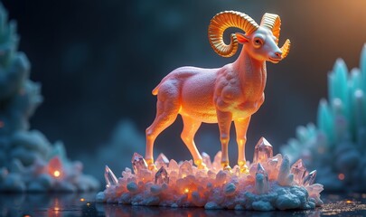A stunning, illuminated sculpture of a ram set against a backdrop of sparkling crystals, perfect for adding a touch of elegance and artistry to any creative project.