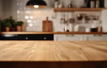 Wood table top on light abstract from kitchen room background.