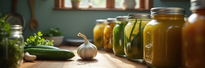 A cozy kitchen scene featuring jars of colorful preserved vegetables, garlic, and fresh herbs, perfect for food-related projects and blogs on homesteading and sustainable living.