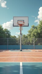 A vibrant basketball court under a clear blue sky, featuring a hoop ready for action, perfect for sports and recreation-themed projects.