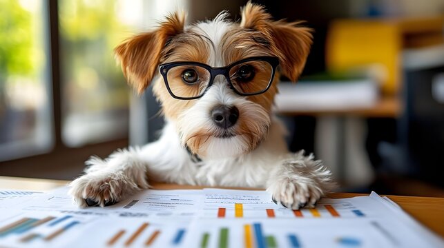 A cute dog wearing glasses examines charts and graphs on a desk, showcasing a blend of curiosity and intelligence in a playful environment.
