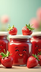Adorable strawberry jars with smiling faces, perfect for packaging, marketing, and branding in food products, desserts, or children's snacks.