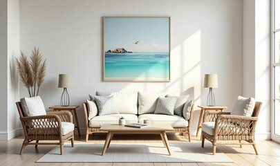 A modern, serene living room featuring natural textures, soft furnishings, and coastal artwork. Perfect for interior design, home decor, and lifestyle projects.