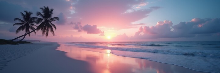 Obraz premium Serene beach at sunset with palm trees, creating a tranquil atmosphere. Perfect for travel, wellness, lifestyle, and vacation-themed projects.