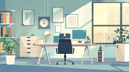 Fototapeta premium Modern Office Workspace with Desk, Computer, and Plants Illustration - Ideal for Business and Home Office Themes