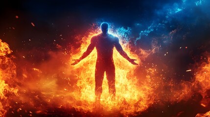 Naklejka premium A dynamic silhouette surrounded by vivid flames and glowing aura, symbolizing strength, power, and transformation.