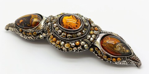 Obraz premium Antique brooch pin adorned with silver-tone beads and authentic amber, suitable for costume jewelry.