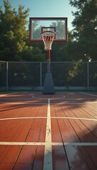 A vibrant basketball court with a clear hoop and bright wooden floor, perfect for sports-themed projects, advertising, and promotional materials.