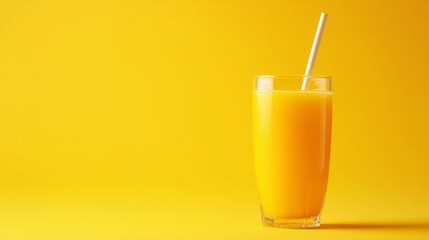 glass of  mango juice with straw isolated on yellow  background
