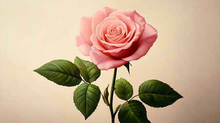 Fototapeta premium A single pink rose with green leaves against a soft beige background.