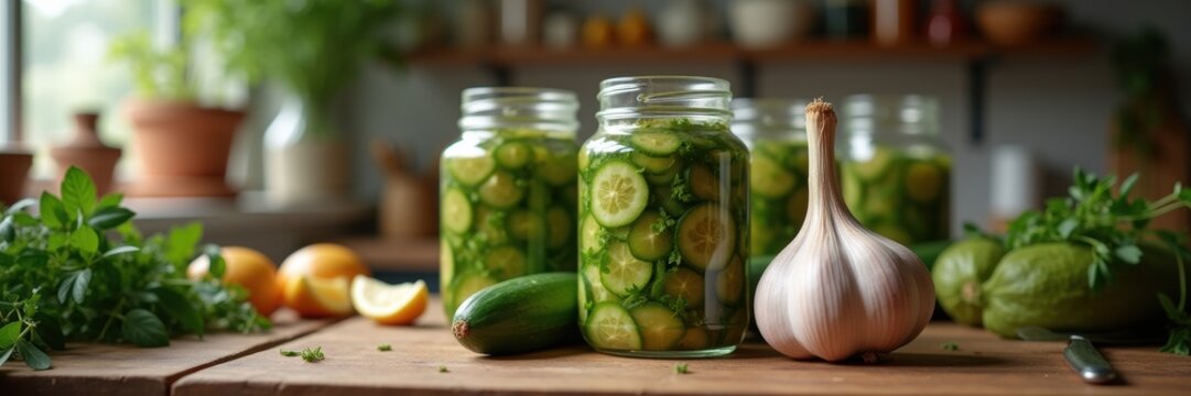 Freshly preserved cucumbers in jars, surrounded by herbs and garlic. Perfect for culinary-themed projects, recipes, or food preservation tips.