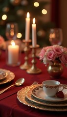 Fototapeta premium Elegant dinner table setup adorned with candles and roses, perfect for festive occasions or romantic dinners.