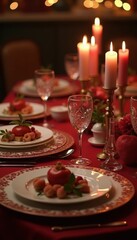 Fototapeta premium An elegant dining setup featuring candles, fine tableware, and delicious dishes, perfect for celebrating special occasions and creating a warm, inviting atmosphere.