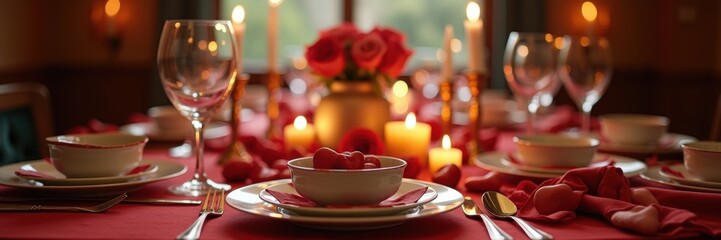 Elegant dining setup with roses, candles, and fine china, perfect for romantic occasions, celebrations, or upscale restaurant marketing.