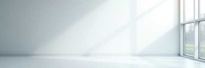 A bright, spacious interior with large windows casting soft shadows. Ideal for showcasing minimalistic design, architecture, or modern workspace concepts.