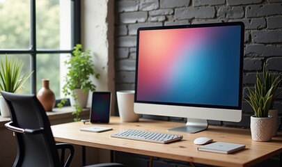 Fototapeta premium A modern workspace featuring a sleek computer setup with plants and decorations, ideal for creative professionals or remote workers seeking inspiration.