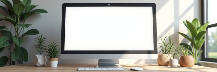 Modern workspace featuring a blank computer screen surrounded by indoor plants, ideal for showcasing creative projects or remote work environments.