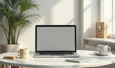 A modern workspace featuring a laptop, coffee, and plants, perfect for creative and business projects. Ideal for digital marketing, remote work, and home office themes.