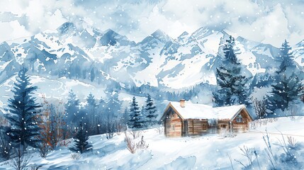 Fototapeta premium A watercolor painting of a log cabin in a snowy winter landscape.