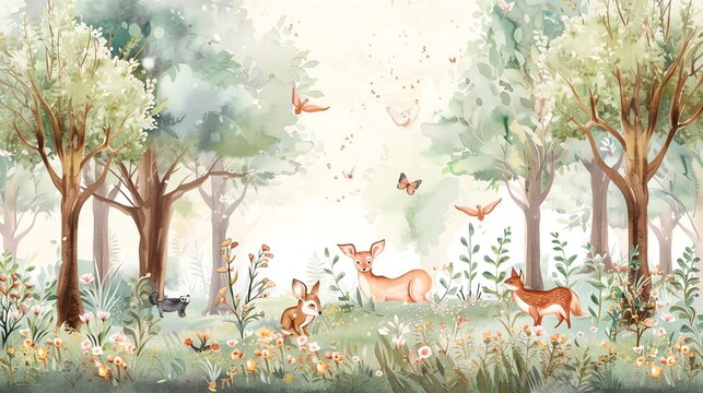 A watercolor illustration of a whimsical forest with a deer, a fox and a rabbit.