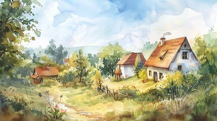 Watercolor painting of a countryside scene with houses, trees, and a dirt road.