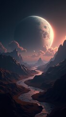 A stunning cosmic landscape featuring a river winding through mountains under a majestic moon, perfect for backgrounds or sci-fi themed projects.