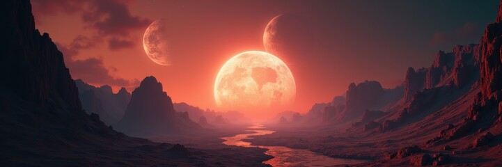 A stunning cosmic landscape featuring a vibrant sunset, futuristic mountains, and multiple moons. Perfect for sci-fi, gaming, or fantasy projects.
