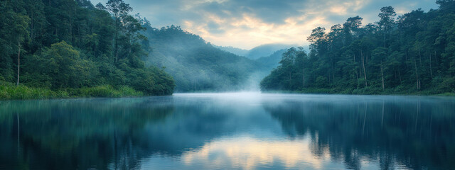 A serene shot of lake surrounded by dense forest, reflecting calmness of nature. mist adds tranquil atmosphere to scene.