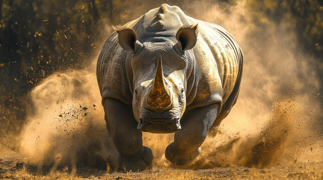 A powerful image of rhino charging forward across dusty terrain, showcasing its strength and determination..