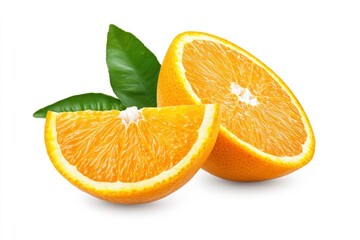 Fototapeta premium Orange fruit with orange slices and leaves isolated on white background. Orange with clipping path , ai