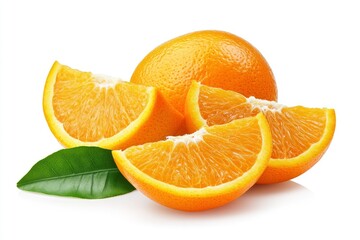 Fototapeta premium Orange fruit with orange slices and leaves isolated on white background. Orange with clipping path , ai