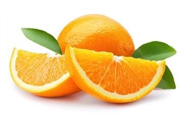Orange fruit with orange slices and leaves isolated on white background. Orange with clipping path , ai