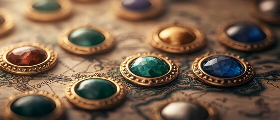A close-up view of colorful gemstones set against an antique map, showcasing their intricate details and textures.