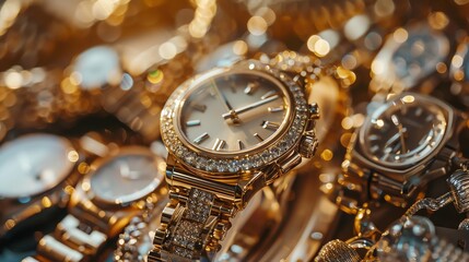 A close-up of a gold watch with diamond accents.