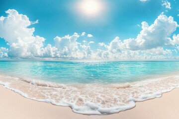 Fototapeta premium Panorama of clear sky background for summer vacation concept at ocean and summer sea water with sunlight of beautiful cloudy sky , ai