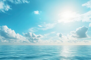 Obraz premium Panorama of clear sky background for summer vacation concept at ocean and summer sea water with sunlight of beautiful cloudy sky , ai