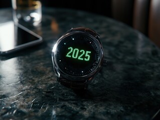 Fototapeta premium Futuristic digital watch display showing the time 2025