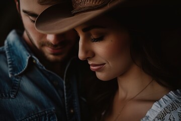 intimate moment between couple in cowboy hats