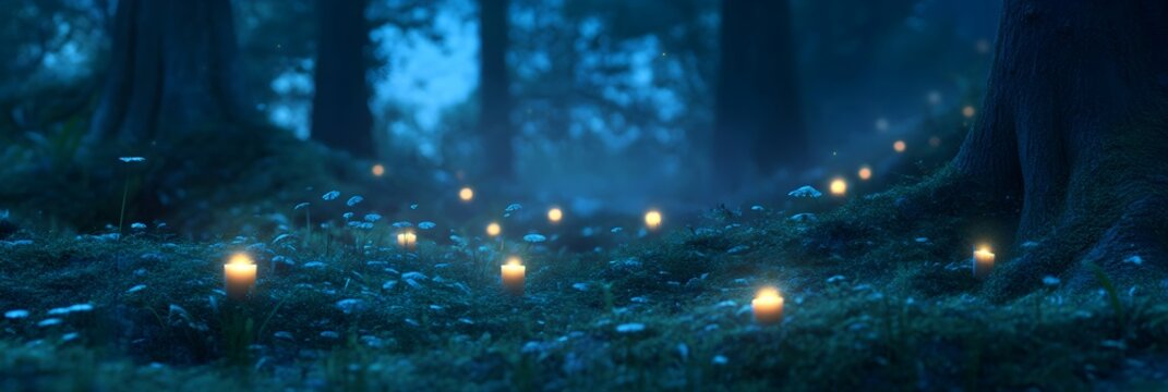 Burning magic candles in forest for witch ritual or celebrating pagan holiday. Mysterious fairy scene. Samhain sabbat, Mabon, Halloween, All hallows eve. Witchcraft, esoteric spiritual practice