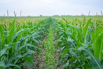 Panoramic view of corn field plantation growing up , ai